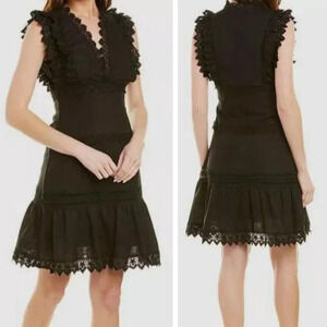 New! Stellah Black Cotton Linen Sleeveless Lace Trim Mini Dress 27382